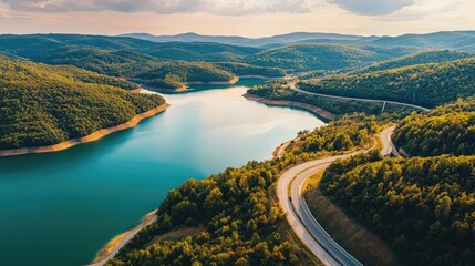 Aerial view of a dam holding back a vast reservoir, with winding roads and surrounding forested hills, showcasing human engineering in harmony with nature.