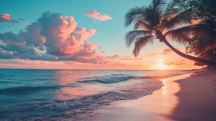 Sticker - a beach with palm trees and a sunset