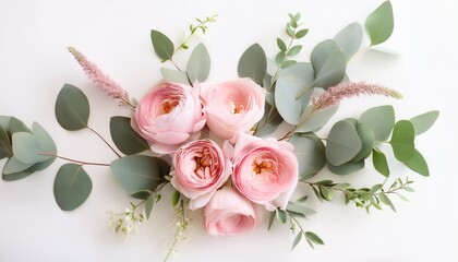 Wall Mural - a close up photo of a bouquet of pink watercolor flowers and eucalyptus leaves on a white background