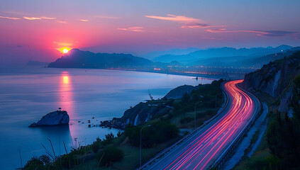 Wall Mural - A long exposure photo of a highway at sunset, with light trails from cars creating streaks across the horizon. The road leads into the distance, with hills in the background, evoking a sense of speed.