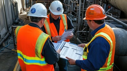 generate a photo realistic image of safety officers reviewing workplace safety checklist, with safet