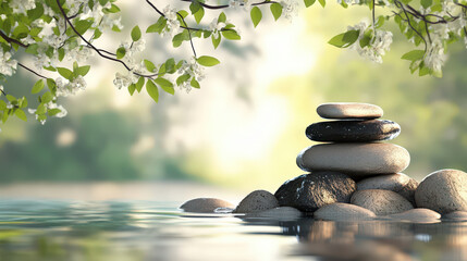 Canvas Print - A rock pile is on the water, with a tree in the background