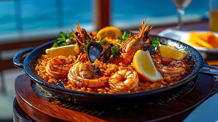 Exquisite seafood paella served in a traditional pan, Spanish cuisine, rice perfection, flavorful saffron, seafood medley, culinary delight, coastal vibes,