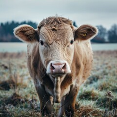 Wall Mural - a cow standing in a field with a frosty field behind it