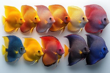 Wall Mural - vibrant tropical fish collection white backdrop colorful aquatic species showcase marine biodiversity