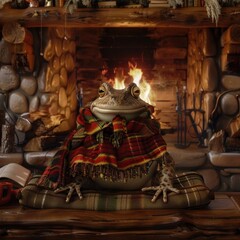 Poster - a frog sitting on a pillow in front of a fireplace