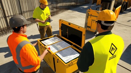 Wall Mural - generate a photo realistic image of supervisors inspecting safety toolboxes at a construction site, 