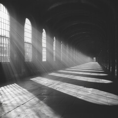 Canvas Print - a long hallway with many windows and a light coming through it