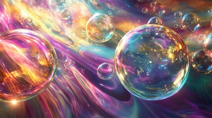 Wall Mural - Abstract underwater scene with large, radiant bubbles in every color, surrounded by a dynamic anime-style background of swirling light, colors, and patterns