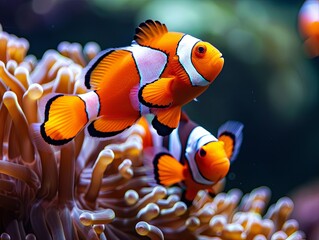 Close-up macro shot of a pair of clownfish swimming through anemone tentacles, with their vivid orange and white stripes contrasting against the dark green background