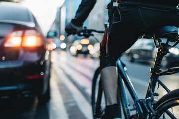 Poster - a person riding a bike on a city street