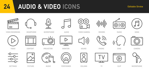 audio and video web icons in line style. cinema, speaker, online, picture, play button, music, colle