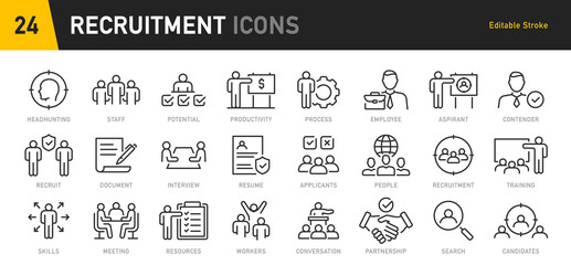 Recruitment web icons in line style. Headhunting, career, resume, work group, candidate, job hiring, collection. Vector illustration.