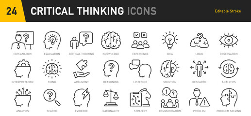 Critical thinking web icons in line style. Facts, think, analyzing, problem-solving, rational, decision making, collection. Vector illustration.