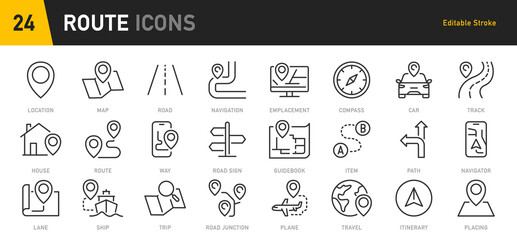 Wall Mural - Route web icons in line style. Navigation, location, route map, traffic, pin, collection. Vector illustration.