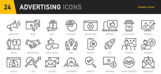 advertising web icons in line style. marketing, seo, feedback, analysis, social media, collection. v