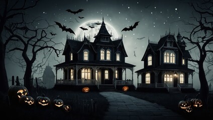 Halloween background with simplified outlines of haunted houses, using minimal details and a monochromatic color scheme