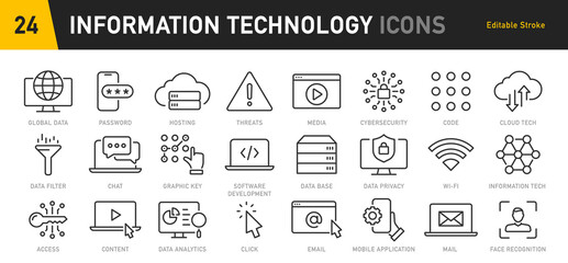 Wall Mural - information technology web icon set in line style. network, web design, website, computer, software,