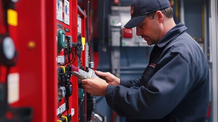 Wall Mural - generate a photo realistic image of technicians testing fire safety equipment, such as fire alarms, 