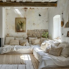 Wall Mural - a room with a couch, a bed, and a fireplace