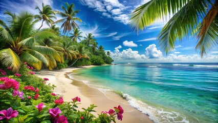 Calm turquoise ocean waves gently lap against a pristine sandy beach, surrounded by lush green palm trees and vibrant tropical flowers under a bright sky.