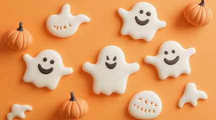 Wall Mural - A pattern of smiling ghosts and pumpkins on an orange background, with some cookies in the shape of pumpkins on top.