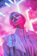 Poster - a woman in a white jacket and a neon light