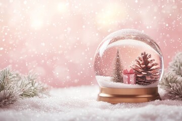 Wall Mural - Snow globe with pinecone, small Christmas tree, and gift inside on a snowy surface. Close-up image with snowfall on a pink background. Christmas and holiday decoration concept.