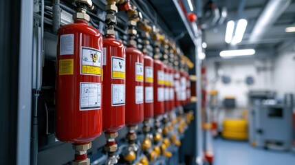 Wall Mural - generate a photo realistic image of technicians performing maintenance on fire safety equipment, suc