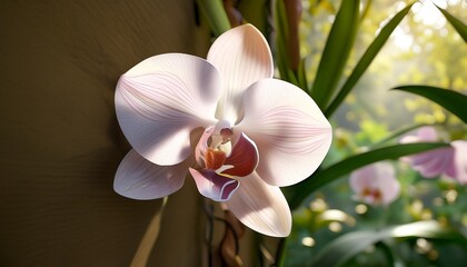 Wall Mural - a close up of a 3d orchid its delicate petals appearing to extend out from the wall with a tropical rainforest softly blurred in the background