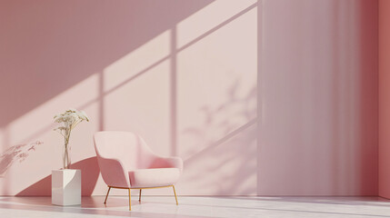Poster - Sunlit pink armchair in minimalist interior with pink room décor