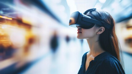 Wall Mural - A woman using a virtual reality virtual headset in closeup