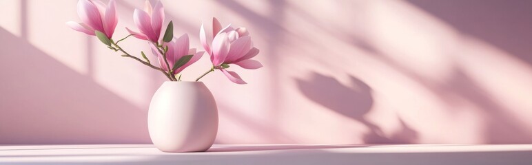 Wall Mural - The pink magnolia flower is placed on a shelf table in a shadow against a pink background.