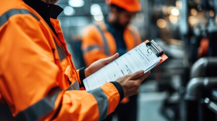 generate a photo realistic image of workers conducting a mock safety inspection, with inspection che