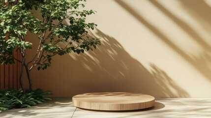 Poster - Presentation podium with neutral background and abstract lighting. Beige wall.