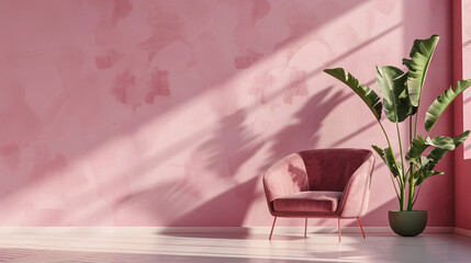 Canvas Print - Sunlight casting shadows from a potted plant onto the wall in a pink living room