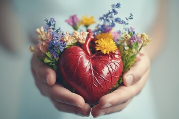 An organ donation and volunteer concept is illustrated with a hand holding a heart organ with blooming flowers. The picture has a transparent background.