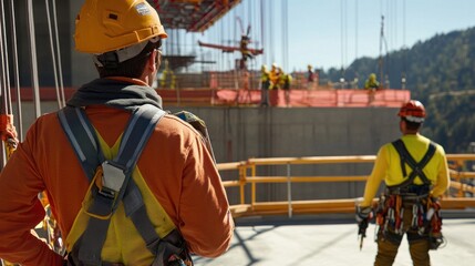 Wall Mural - generate a photo realistic image of workers deploying safety equipment such as guardrails, safety ne