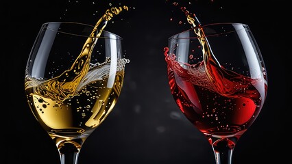 Two glasses of red and white wine collide in a dance