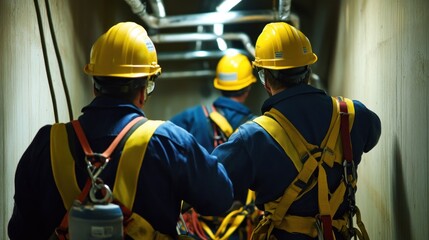 Wall Mural - generate a photo realistic image of workers following confined space entry procedures, with confined