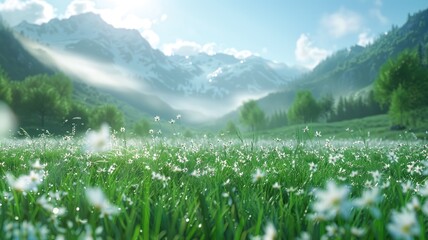 Canvas Print - A breathtaking vista of a lush mountain meadow with a carpet of wildflowers, framed by snow-capped peaks and a veil of morning mist. The scene evokes tranquility, beauty, and the wonders of nature.