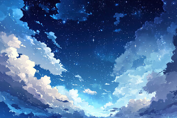 Wall Mural - Beautiful night sky with stars and white clouds in anime style
