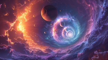 Poster - A celestial spectacle unfolds, with a swirling vortex of cosmic energy surrounded by a sea of clouds, illuminating the sky with vibrant colors. Planets and stars illuminate the scene