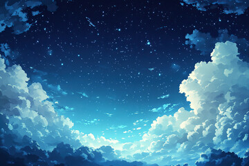 Wall Mural - Beautiful night sky with stars and white clouds in anime style