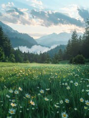 Sticker - A picturesque meadow with white daisies blooms under a bright, blue sky, showcasing serene mountain range in the background, symbolizing peace, nature, tranquility, beauty, and growth.