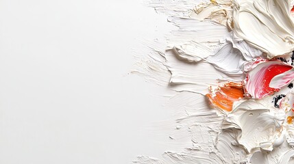   A white wall with peeling paint and a red centerpiece