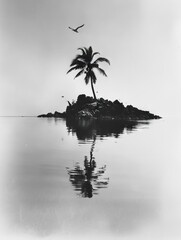 Canvas Print - A single palm tree stands tall on a small rocky island