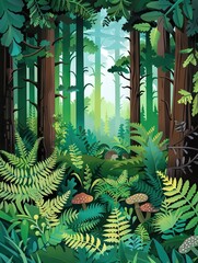 Poster - A vibrant depiction of a lush forest with tall trees, sunlight filtering through the canopy, and a variety of ferns, plants, and mushrooms on the forest floor. This image evokes feelings of serenity