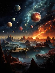 Canvas Print - This image depicts an alien landscape with multiple planets, stars and a vibrant nebula in the background, signifying exploration, wonder, the vastness of space, and the mysteries of the universe.