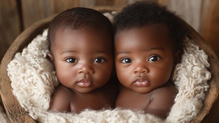 Wall Mural - Two babies with brown hair and black eyes are in a basket